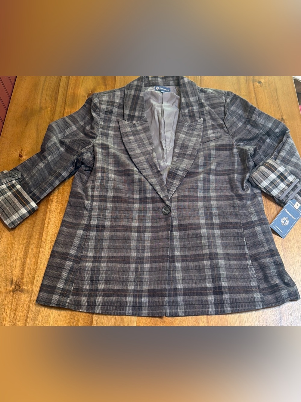 Democracy NWT Plaid Oversized Blazer Jacket Corduroy Grey Single Button Roll Tab